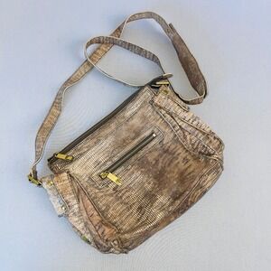 Kooba Crossbody Bag Snakeskin Embossed Leather Metallic Bronze Gold Hardware